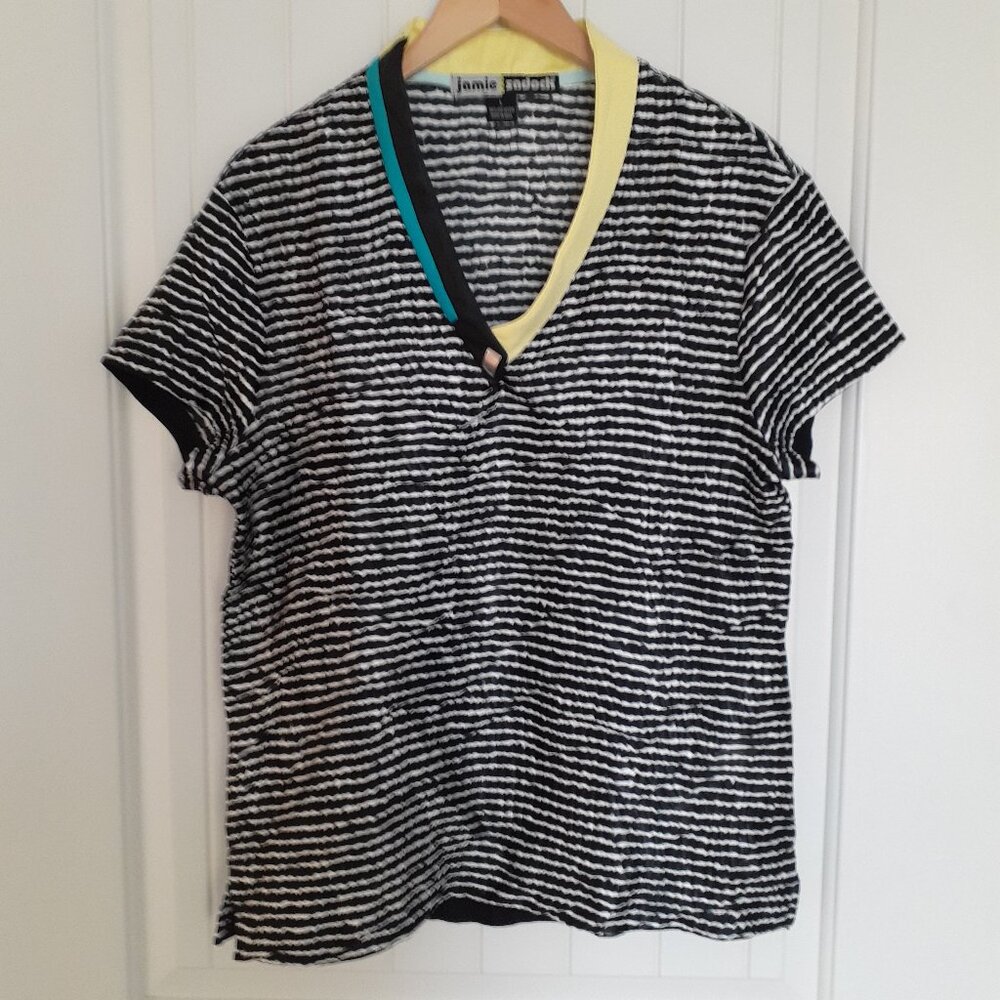 Jamie Sadock Textured Striped V-Neck Short Sleeve Top Black White Size L